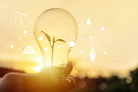 Hand holding light bulb in front of global show the world's consumption with icons energy sources for renewable, sustainable development. Ecology concept.の写真素材