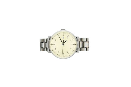 business man watch, luxury watch isolated on a white background. Yellow dial, Black hand, Arabic numbers 13 - 24. vの写真素材