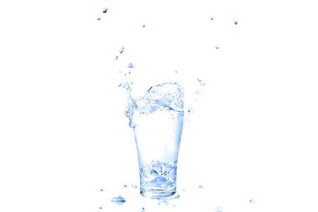 water splash in glasses isolated on white. Ice cubes splashing into glass of water.の写真素材
