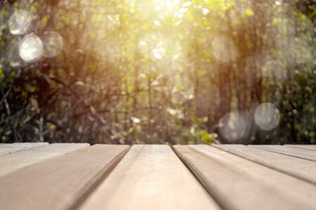 Empty of wood table top with blurred sun light bokeh abstract forest trees background. For montage product display or design key visual layout.の写真素材