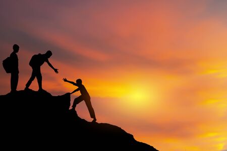 Teamwork isolate concept. Climbing carrying a backpack too adventure, a new challenge.