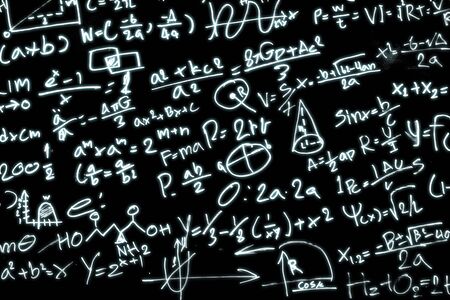 Black paper with a lot of mathematical formulas, The characters are glowing.
