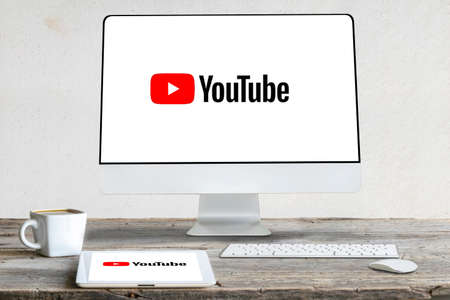 29 February 2020 Bangkok, Thailand : YouTube logo on the front view Apple MacBook. YouTube...