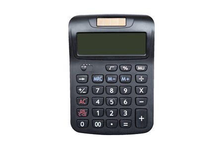 Black calculator. Use with solar energy, with a small solar panel., black isolated backgroundの写真素材