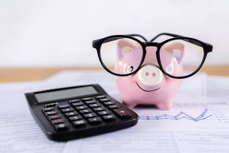Financial concepts, investment budgets, or business goals. Pink piggy bank , calculator Stacked on financial documents, growth graphs の写真素材