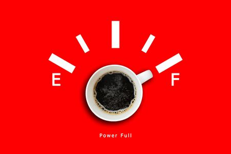 Fill yourself with energy concept. Oil face with a cup of coffee in the middle, with the words Power Fullの写真素材