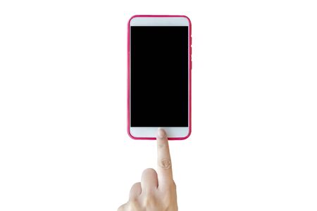 The finger is touching the smartphone, the blank screen is white. White isolated backgroundの写真素材