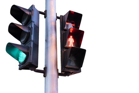 Green traffic lights and red warning signs, human figure, isolated white backgroundの写真素材