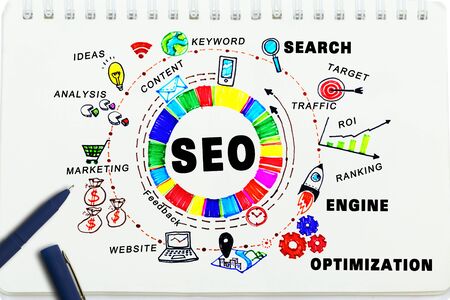 Notebook with Tolls and Notes about SEO,concept. Search Engine Optimizationの写真素材