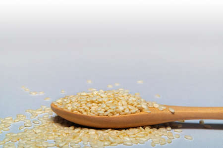 White sesame seeds or cumin in spoons on Gray isolated background