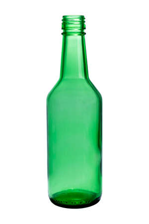Close-up shot of green plastic bottle on white background.の写真素材