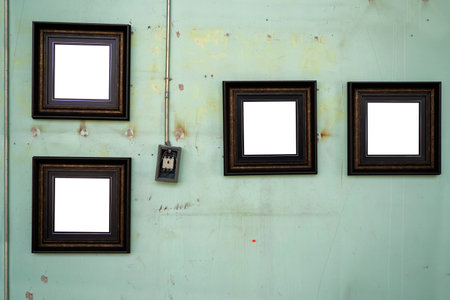 Four dark picture frames are hung in a gallery on an old wall.の写真素材