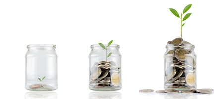 Jars with different levels of coins, with a seedling growing separately on white, coins in the glass, financial accounting ideasの写真素材