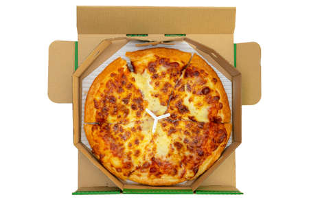 Pizza in a cardboard box against a white background. View from above. Pizza delivery. Pizza menu. File contains clipping path.の写真素材