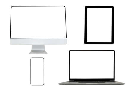 Computer, Laptops, tablets and mobile phones. Mock up image of electronic gadgets isolated on white background.の写真素材