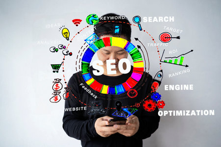 Man use smartphones to find what they are interested in. Searching information data on internet networking.SEO Search Engine Optimization marketing ranking traffic website internet business technologyの写真素材