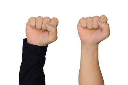 Male clenched fist. Right female hand fist - human hand gesture isolated on white backgroundの写真素材