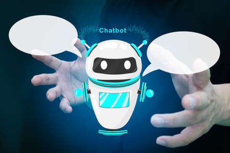 Hand touching digital chatbot for provide access to information and data in online network, robot application and global connection, AI, Artificial intelligence, innovation and technology.の写真素材