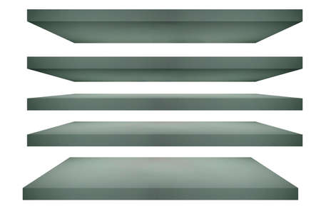5 Green wooden empty shelf isolated on clean white background.の写真素材
