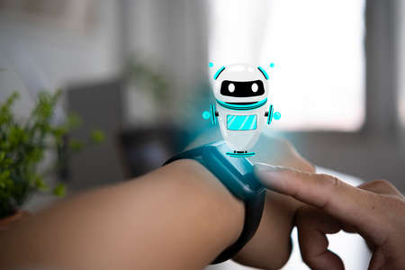 Smart watch on businessman hand with bubbles message on screen. Chatting with chatbot on digital watches. Communication concept in flat style.の写真素材