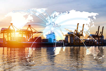 world network distribution and logistics connection industrial with worldwide imports and exports transportation background. distribution, delivery business, commercial or supply chain conceptの写真素材