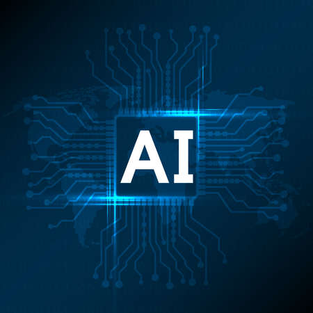3D Rendering of computer mother board chip with AI text and glowing circuit background. Large copy space. Concept for artificial intelligence, big data, machine learning, robot trading, cryptocurrencyの写真素材