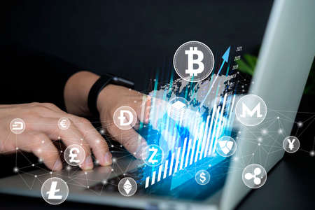 Bitcoin BTC cryptocurrency coin with altcoin digital crypto currency tokens, ETC Ethereum, ADA Cardano, LTC Litecoin, IOTA Miota, ZEC Zcash for defi decentralized financial banking p2p global marketの写真素材