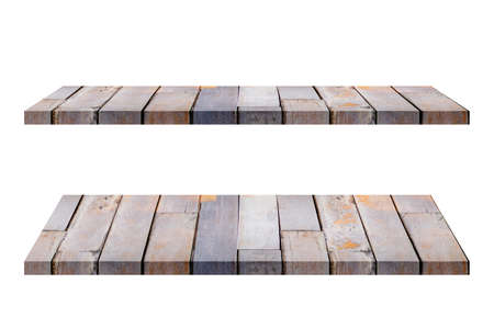 A wooden shelf that looks like many pieces of wood are joined together. There are two separate white levels.の写真素材