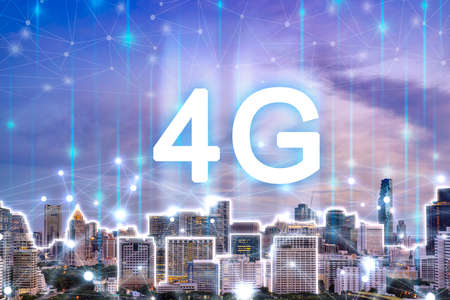 4G new wireless internet wifi connection. Urban buildings cityscape. Global network high speed innovation connection data rate technologyの写真素材