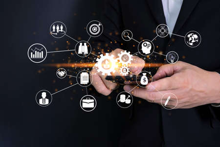 Automation software technology process system business concept. Man technology future lifestyle, digital marketing IOT internet of thing future AI technology smart device social networkの写真素材