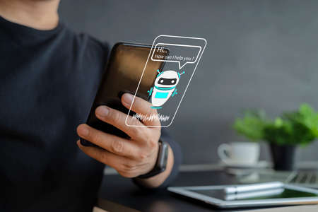 Chatbot, Ai Artificial Intelligence technology, internet virtual assistant on smart phone screen,...