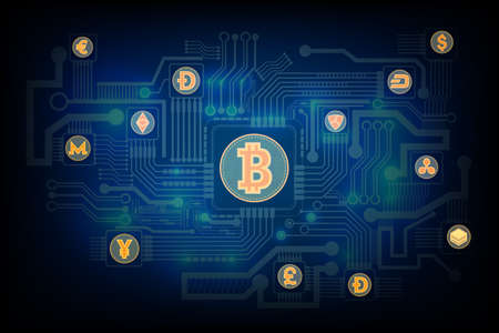 Bitcoin cryptocurrency blockchain abstract background concept, Digital technology banner blue background binary code, abstract tech big data, BTC digital crypto currency, coin illustrationの写真素材