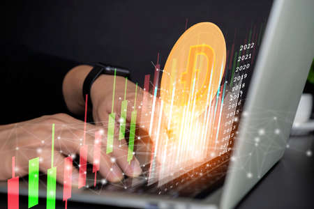 Focus select and dogecoin cryptocurrency silver symbol and stock chart candlestick on laptop. Use technology cryptocurrency blockchain, with capital gain, fundamental.の写真素材