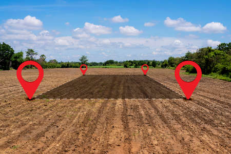 Land plot management - real estate concept with a vacant land available for building construction and housing subdivision in a residential area for sale, rent, buy or investment.の写真素材