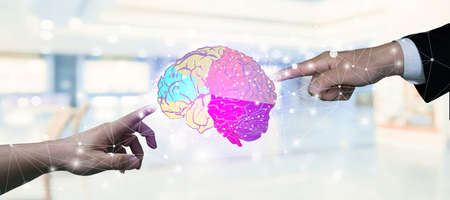 Neurosurgeon, Neurologist examine brain. Doctor pointing on medical signboard board with human brain. Physician or scientist teaching about alzheimer, dementia disease, mental, neurology sicknessの写真素材