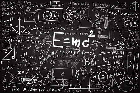 Math educational vector seamless pattern with handwritten geometry figures, calculations and equations, "handwritten with chalk on grey blackboard" effectの写真素材
