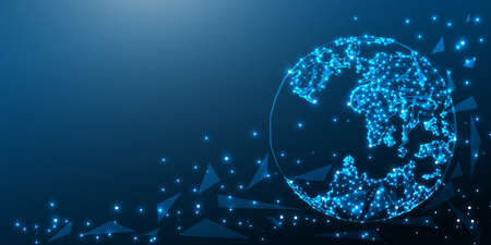 Map of the planet. World map. Global social network. Future. Blue futuristic background with planet Earth. Internet and technology. Floating blue plexus geometric background.の写真素材
