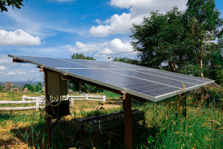 Solar panels and blue sky. Solar panels system power generators from sun. Clean technology for better futureの写真素材