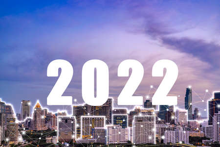 New year concept of 2022. Modern city and communication network. New year card.の写真素材