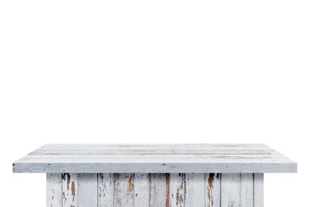 White wooden table in the foreground on a white background can make advertisements, place products, billboards.の写真素材