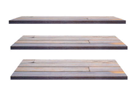 Wooden shelves set isolated on white background, beautiful pattern,wood texture,Place the productの写真素材