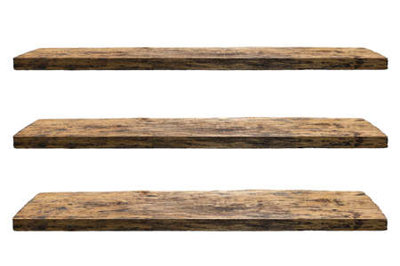 Wooden shelves isolated on white. Rustic rough wooden plank with nature color, cracks and woodgrain. Old knotted long board of weathered woodの写真素材