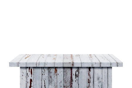 White wooden floor table in the foreground on a white background can make advertisements, place products, billboards.の写真素材