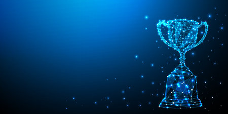 Trophy cup. Abstract 3d trophy wreath laurel isolated background. Champions award, sport victory, winner prize concept. Competition success, first place, best win symbol.の写真素材