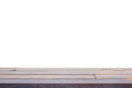 Wooden table isolated on white background, for use product display, ornament, or decoration concept. Empty old wood desktop top view.の写真素材