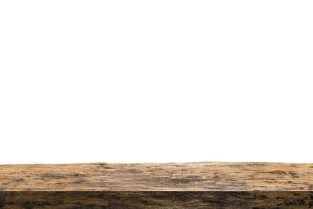 Wooden shelves isolated on white. Rustic rough wooden plank with nature color, cracks and woodgrain. Old knotted long board of weathered woodの写真素材