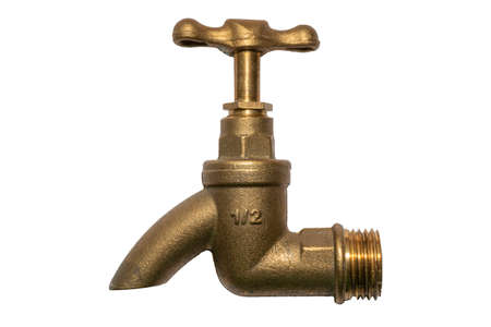 Vintage retro brass water faucet isolated on white backgroundの写真素材