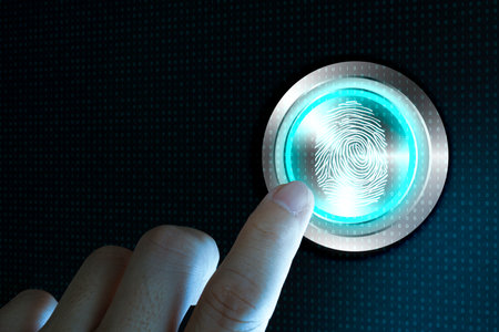 Biometric and security concept. Scanning fingerprint from finger. Fingerprint integrated in a printed circuit, releasing binary codes.の写真素材