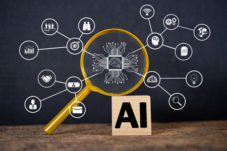 A magnifying glass is placed on a wooden block. AI is on a wooden block, data analysis in futuristic conceptの写真素材