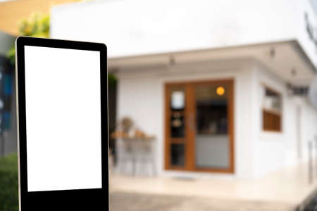 Front view Cafe shop & Restaurant design. Modern minimal metal black.Counter top black metal brick,windows black metal frame,Billboard mockupの写真素材